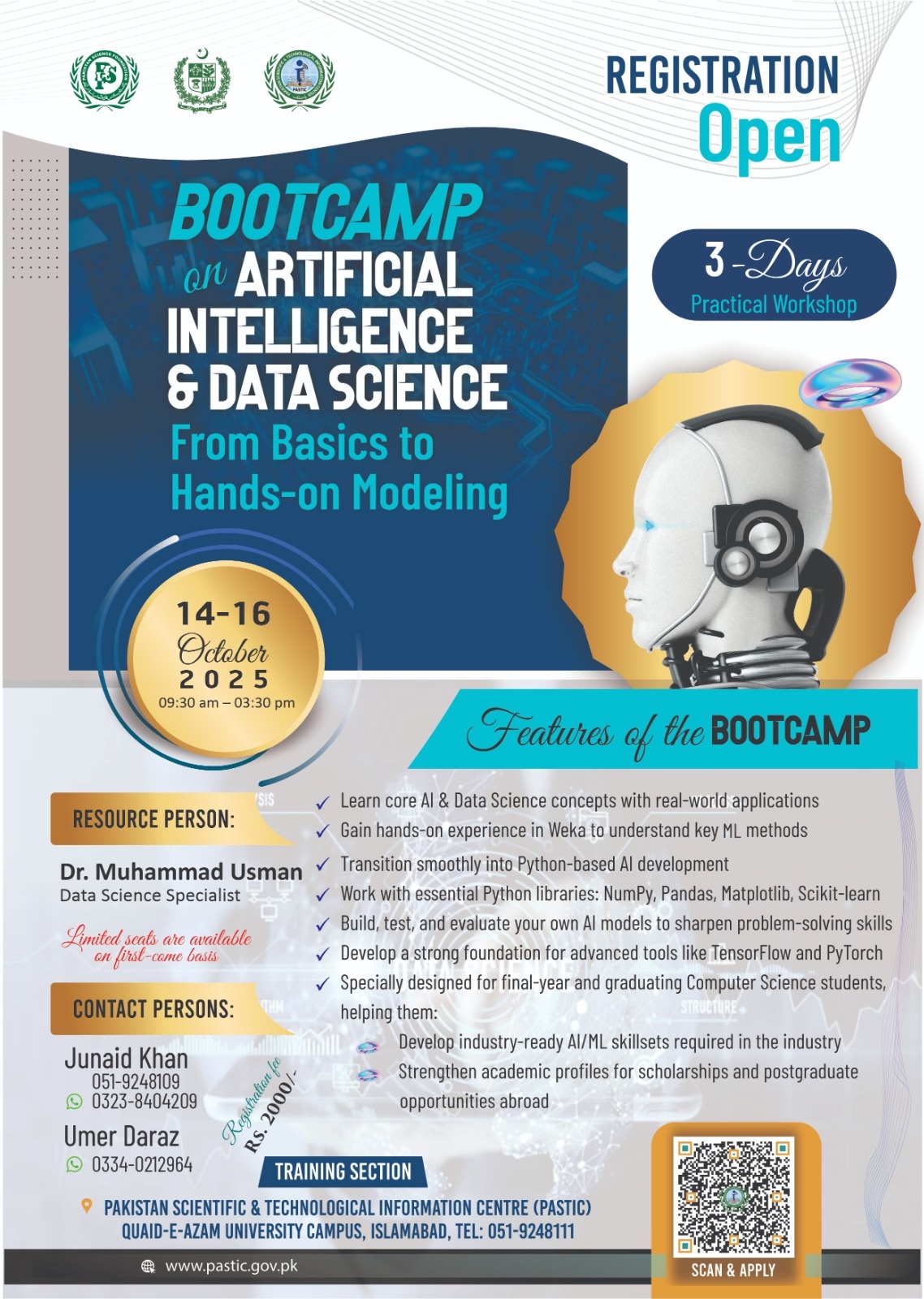 3-Days Bootcamp on AI and Data Science (14-16 October 2025) at Pakistan Scientific and Technological Information Center, PASTIC.
