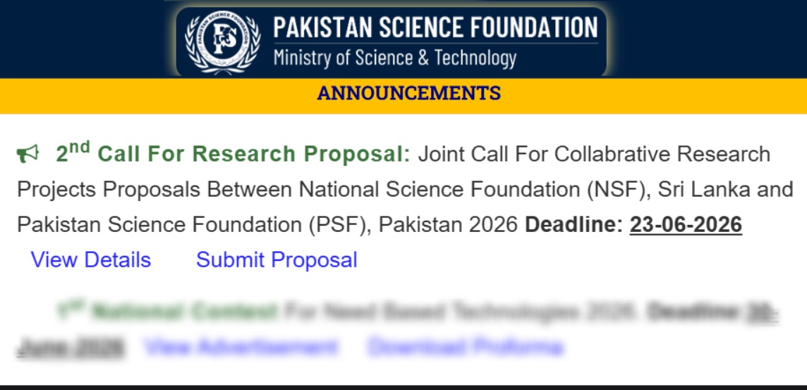 Research Funding Opportunity - Pakistan Srilanka Scientists - 2nd Joint Call for Collaborative Research Project Proposals between  National Science Foundation (NSF), Sri Lanka and the  Pakistan Science Foundation (PSF), Pakistan - June 2026 